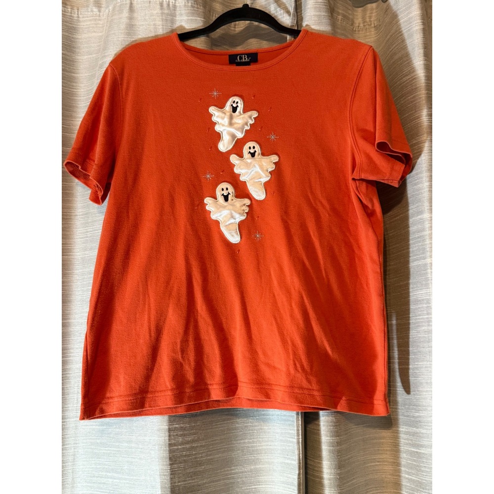 90s VTG C.B. Casual Halloween Ghost Shirt Women's Sz L Orange Embroidered Tee